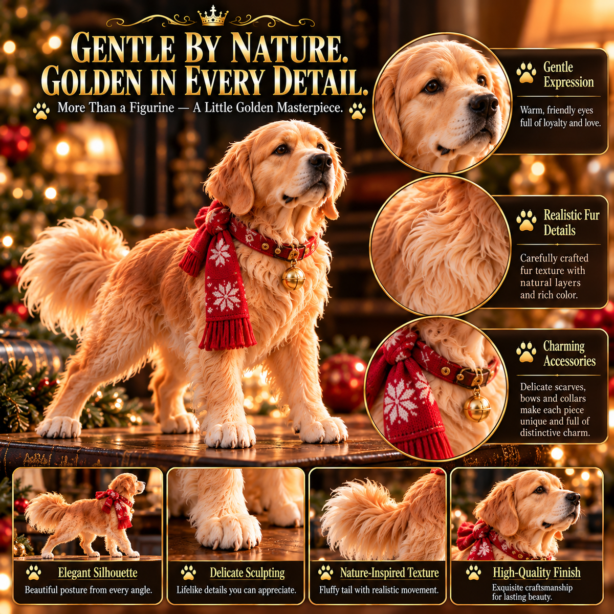 Close up of Golden Retriever collectible with fur detail and red Christmas scarf