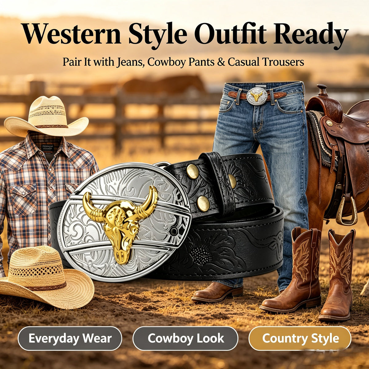 Bull‑Head Metal Buckle Embossed PU Leather Belt for Men