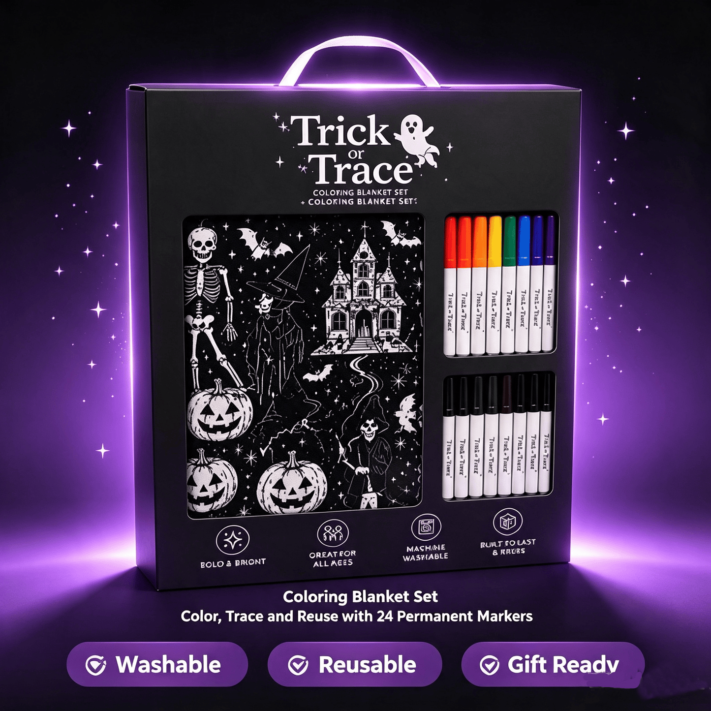 Halloween Trick or Trace Coloring Blanket Set with 24 Permanent Markers