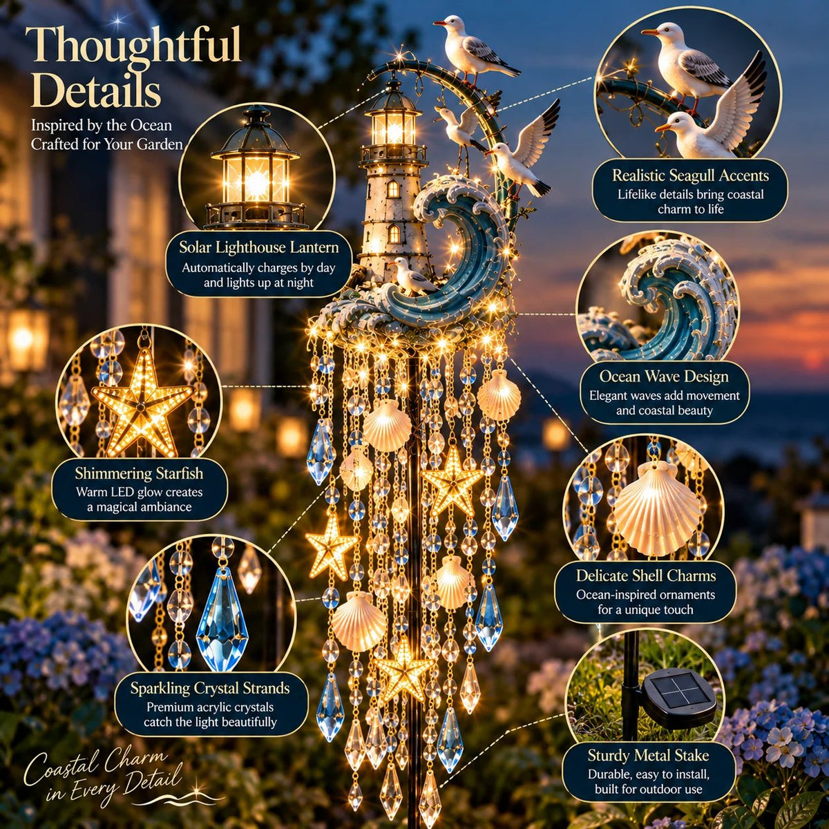 Feature graphic highlighting solar lighthouse lantern, seagulls, ocean wave, shells, starfish and crystal strands