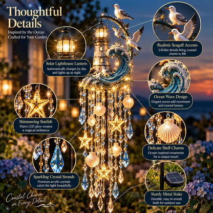 Feature graphic highlighting solar lighthouse lantern, seagulls, ocean wave, shells, starfish and crystal strands