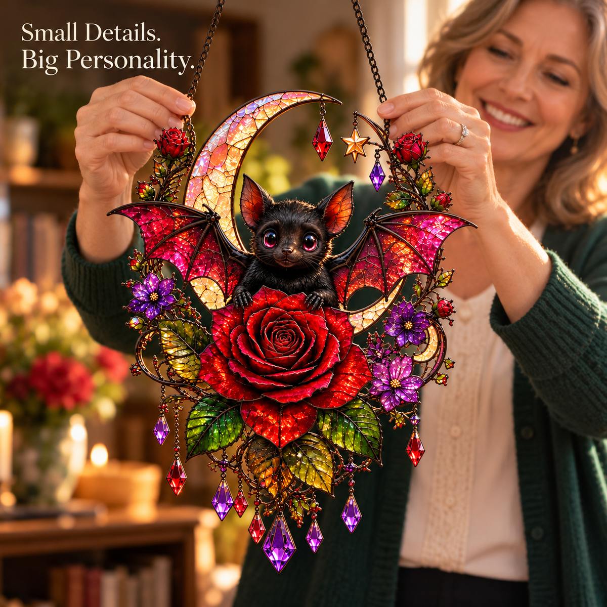 🦇 Midnight Romance – Bat, Crescent Moon & Rose Hanging Decor