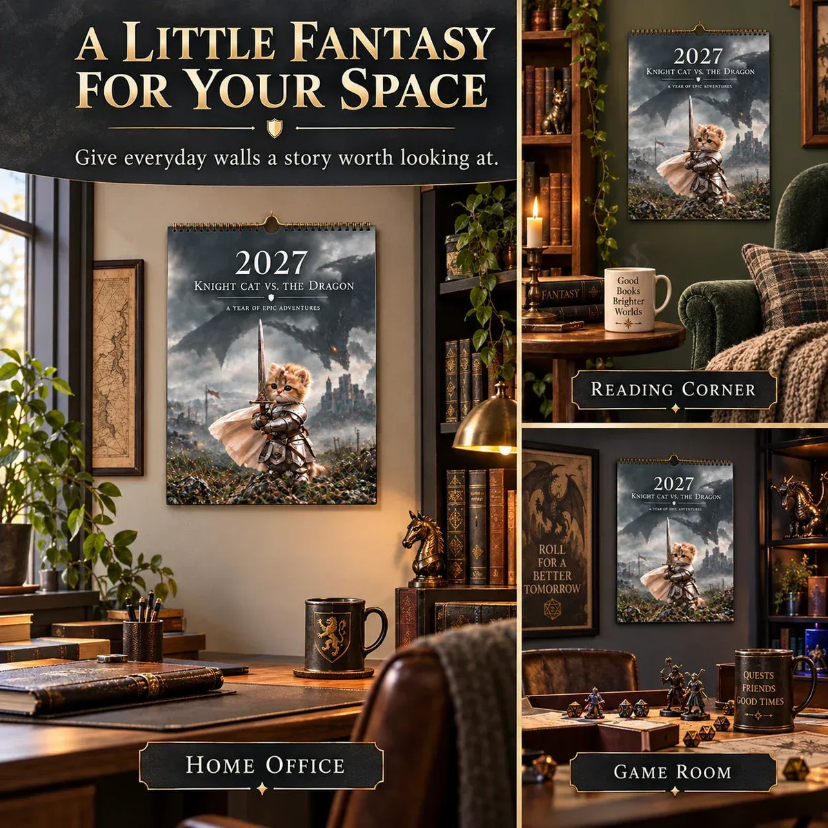 🐱 2027 Knight Cat vs. The Dragon Wall Calendar | 12 Fantasy Scenes