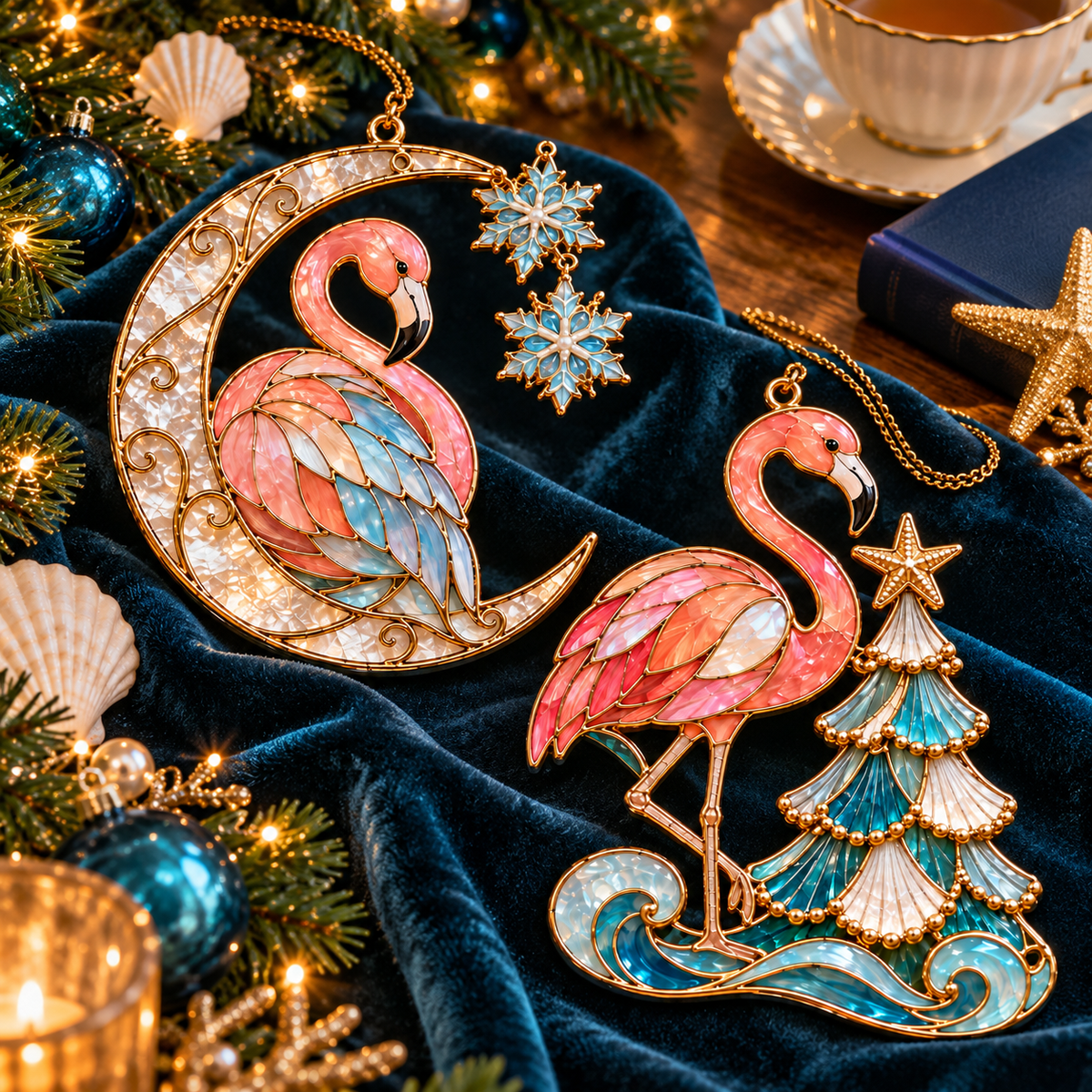 Flamingo Christmas ornament showcase