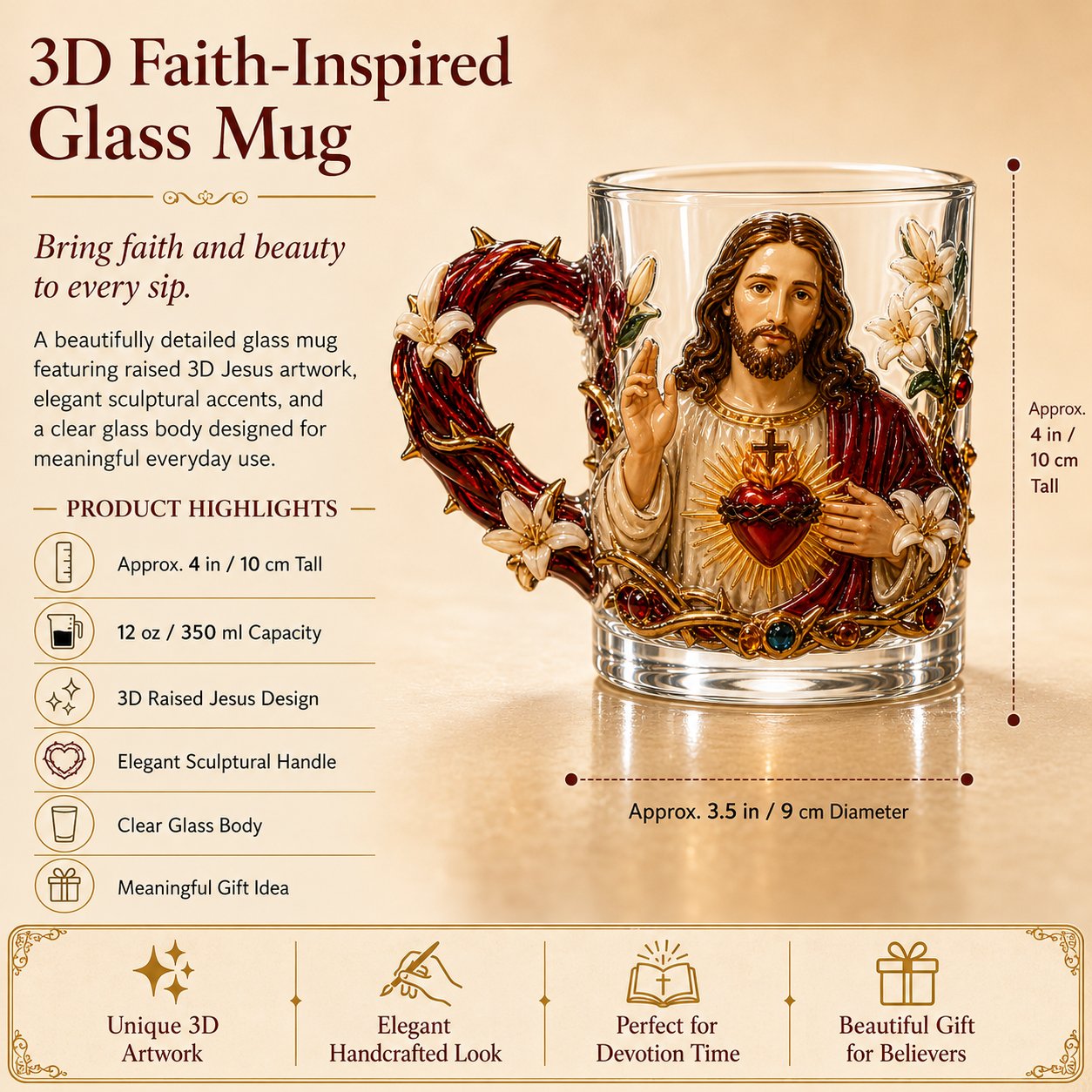 ⏳ Last Day 49% OFF – ✝️ 3D Christian Devotional Glass Mug Collection | 12oz Premium Clear Glass with Raised Jesus & Virgin Mary Figures, Sculptural Details & Jewel-Inspired Accents ✨