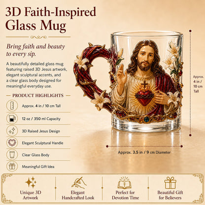 ⏳ Last Day 49% OFF – ✝️ 3D Christian Devotional Glass Mug Collection | 12oz Premium Clear Glass with Raised Jesus & Virgin Mary Figures, Sculptural Details & Jewel-Inspired Accents ✨