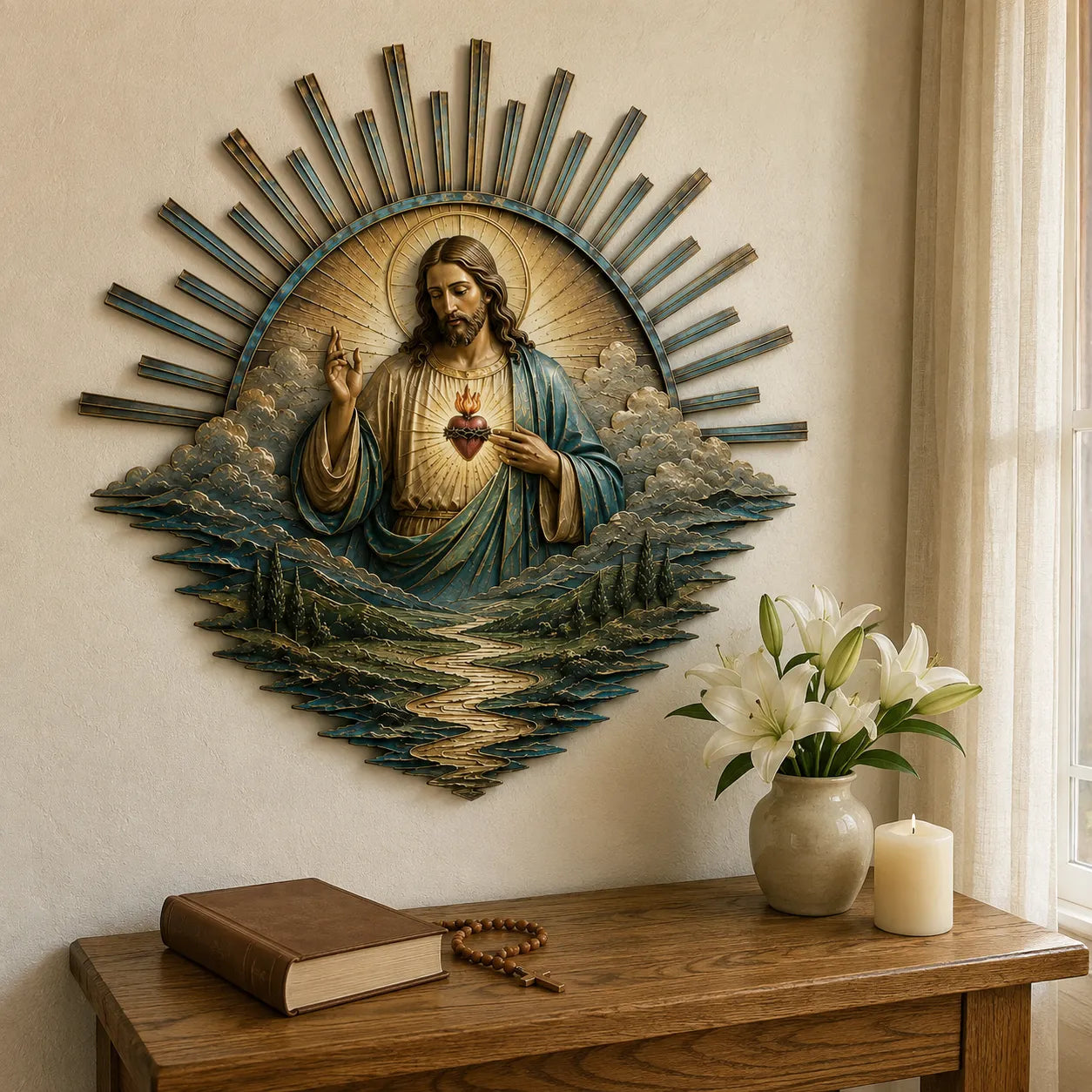 ⏳ Last Day 49% OFF – ✝️ Jesus Metal Wall Art Collection | Layered Christ Artwork with Radiant Sunburst, Dimensional Landscape Details & Concealed Keyhole Hangers ✨