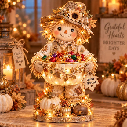 🍂 Harvest Glow™ – Lighted Scarecrow Candy Bowl
