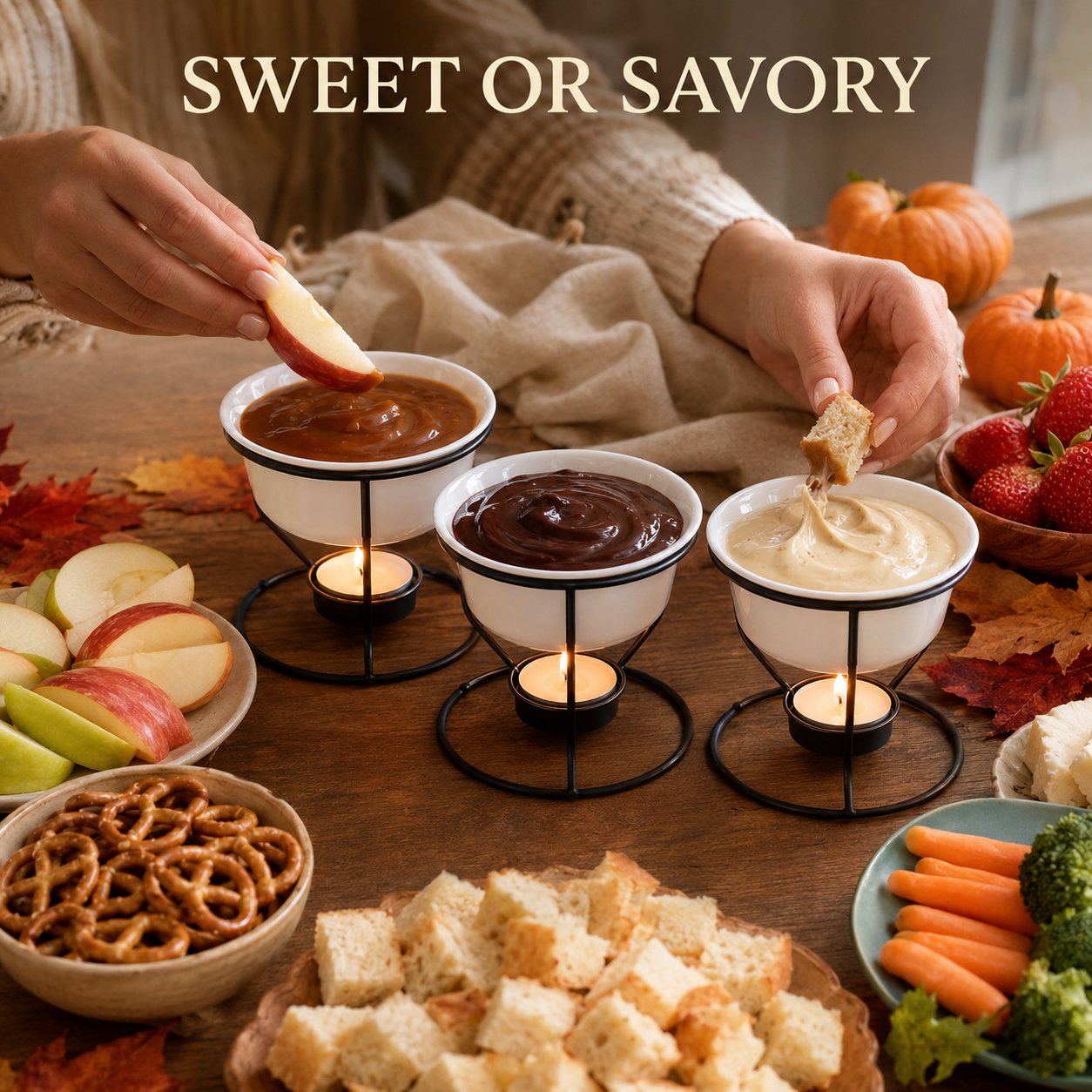 Halloween Caramel Apple Dip Station - Hanging Witch Cauldron & Ceramic Candlelit Fondue Warmer Set