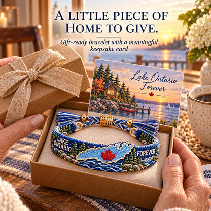🌊 Lake Ontario Forever Embroidered Bracelet | Scenic Lake Design with Adjustable Woven Band, Meaningful Message & Gift-Ready Keepsake Box 🍁