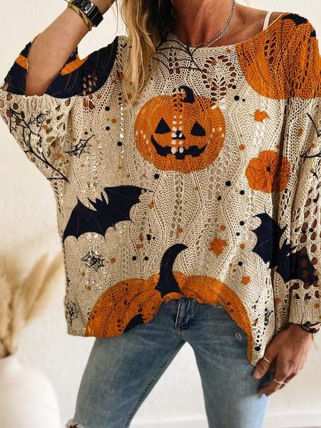 ON SALE🎃2026 Women's Halloween Pumkin Print Long Sleeve Knit Top, Spring Summer Fall Wear,