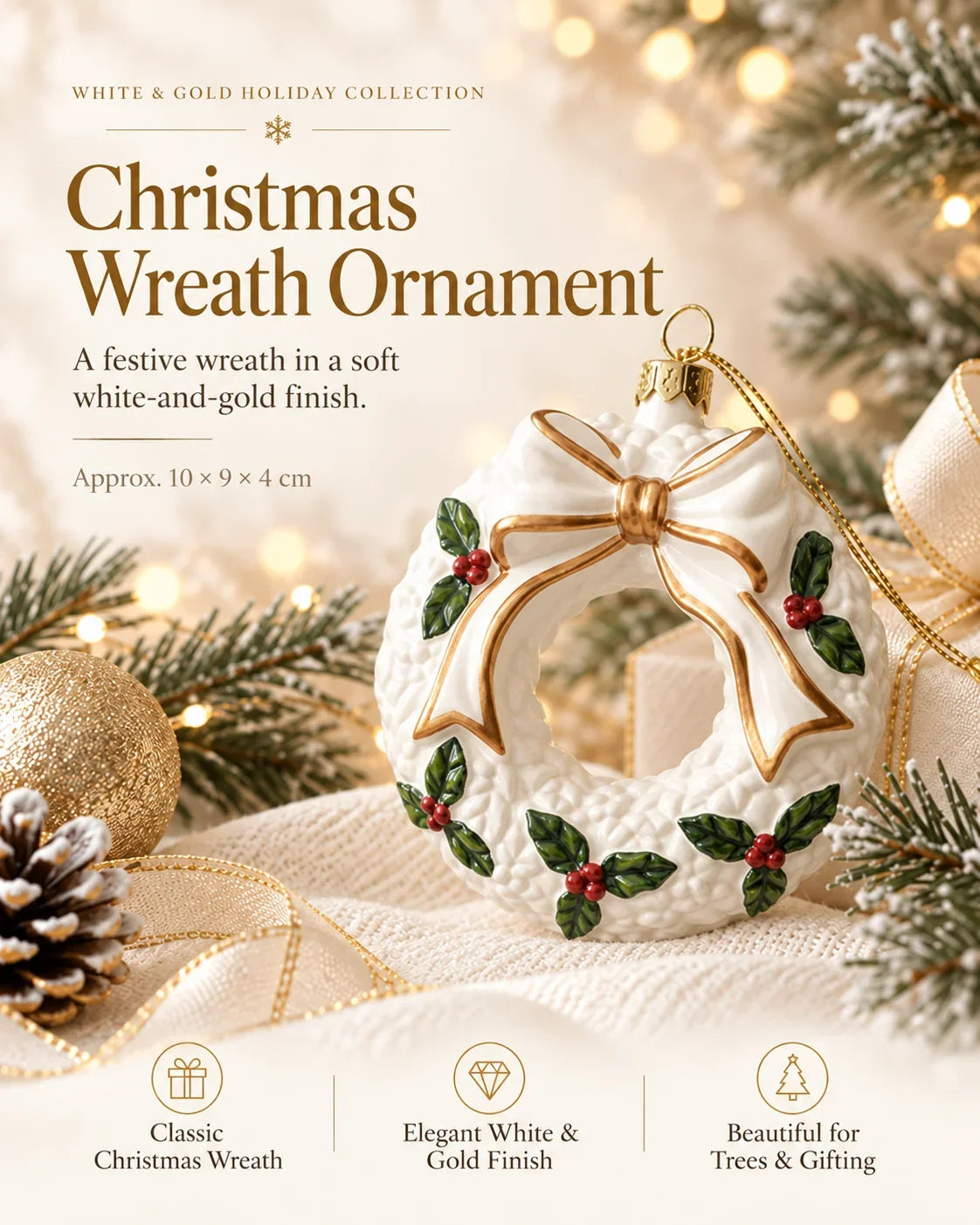Timeless White & Gold Christmas Ornament Collection