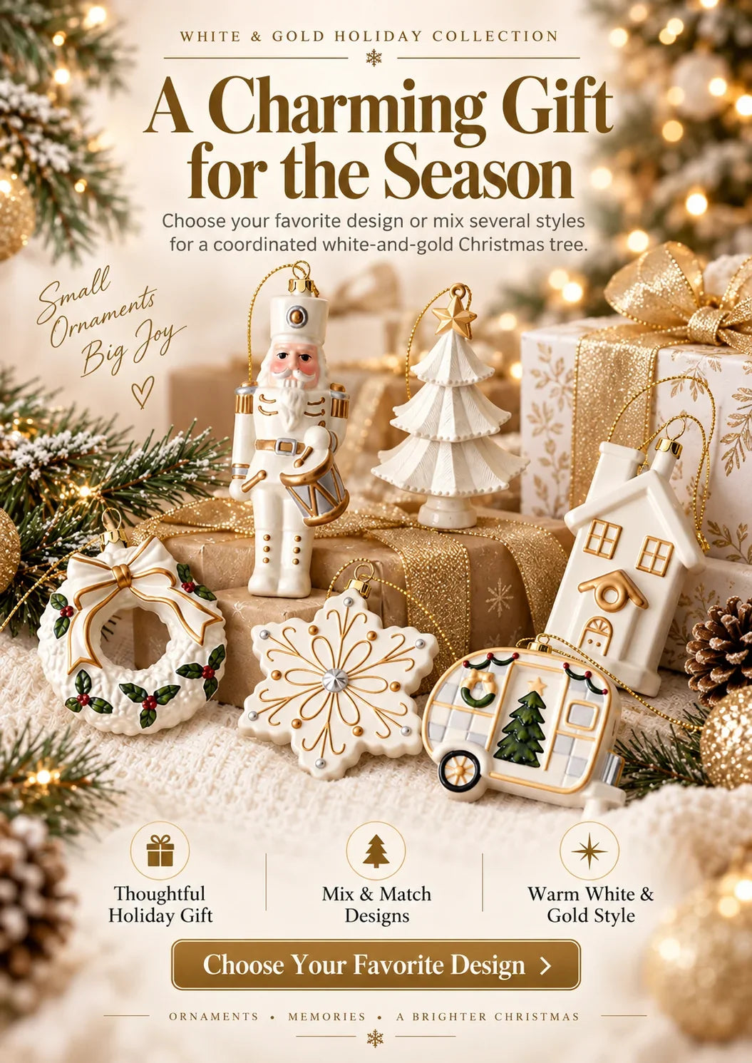 Timeless White & Gold Christmas Ornament Collection