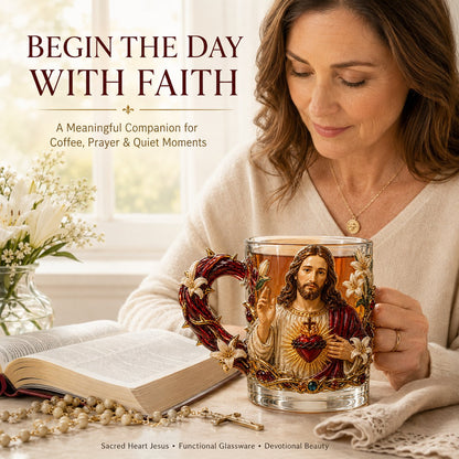 ⏳ Last Day 49% OFF – ✝️ 3D Christian Devotional Glass Mug Collection | 12oz Premium Clear Glass with Raised Jesus & Virgin Mary Figures, Sculptural Details & Jewel-Inspired Accents ✨