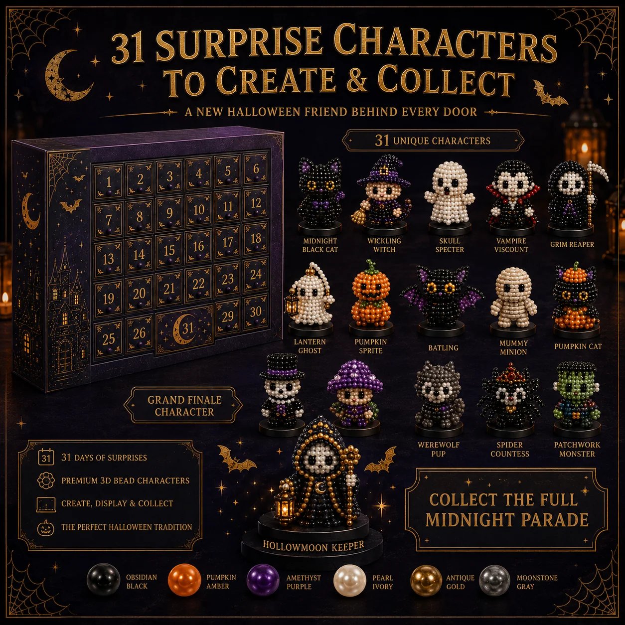 🔥 LAST DAY 49% OFF – 🎃 Hollowmoon 31-Night Jewel-Bead Countdown Calendar | 31 Daily DIY Characters, Complete Craft Supplies & Midnight Parade Display 💎✨