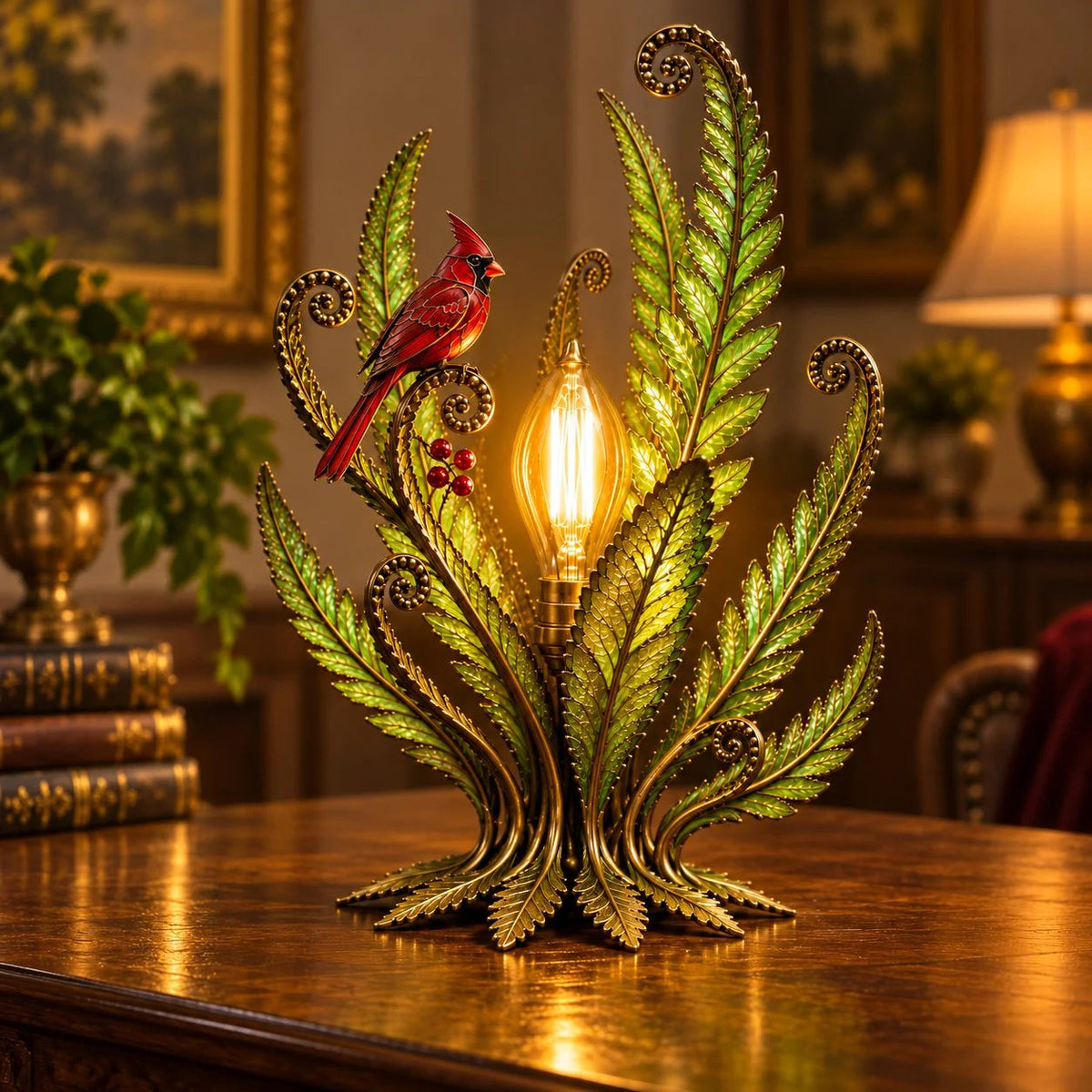 🐦 Cardinal Garden Glow Lamp | Vintage Botanical Table Light