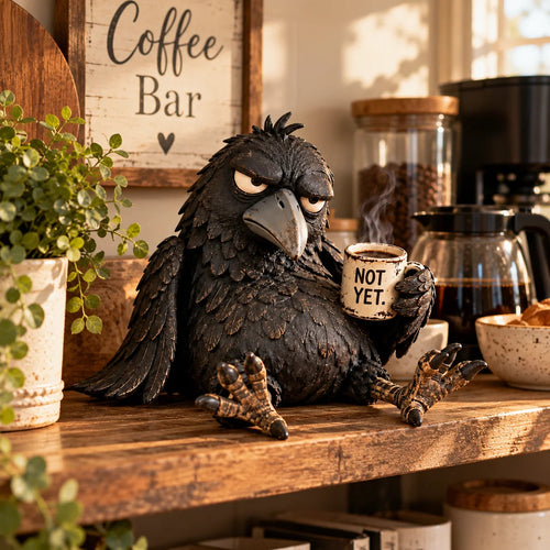 ☕ Grumpy Coffee Raven Figurine | “Not Yet” Morning Decor