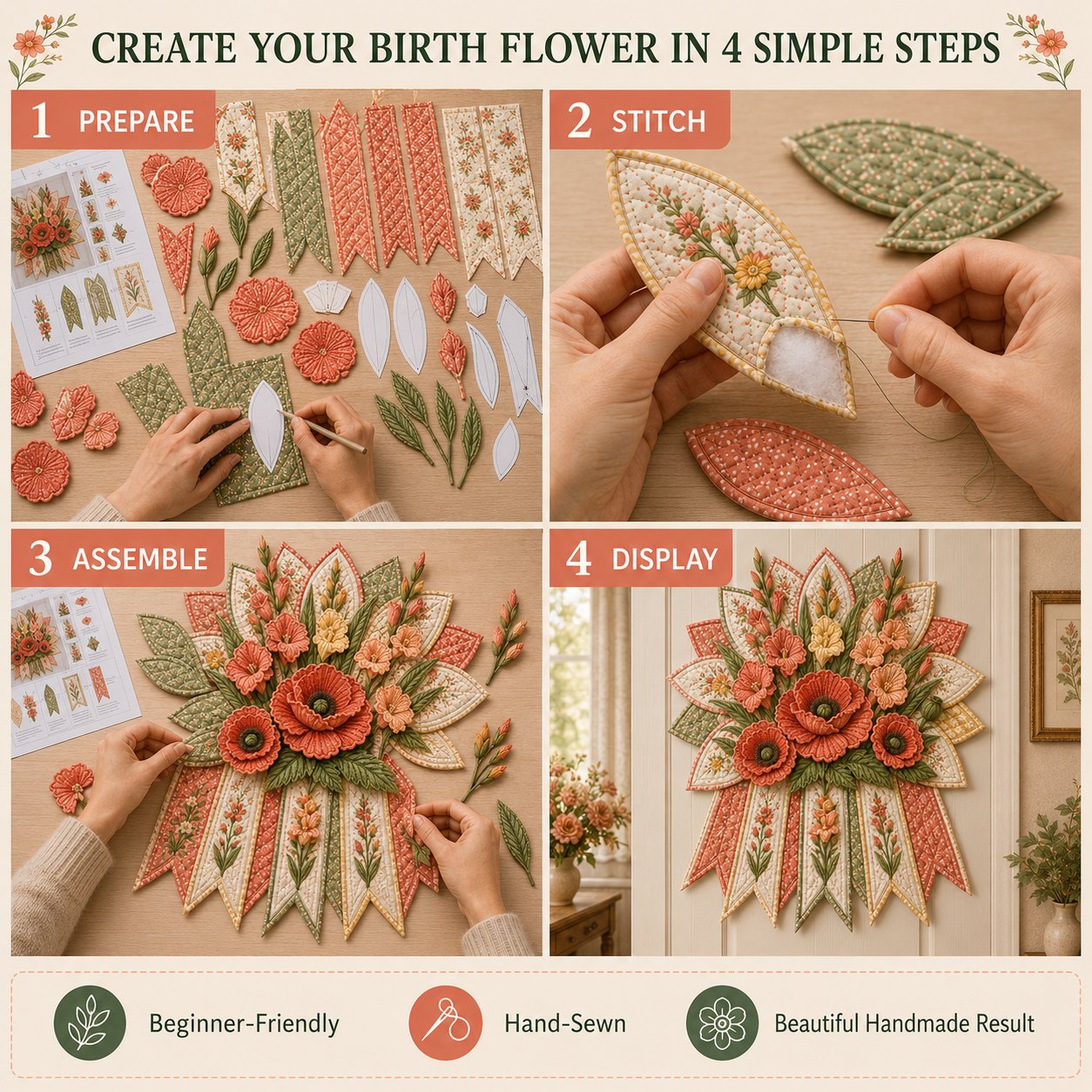 🌸 Beginner-Friendly 12-Month Birth Flower 3D Quilted Wall Hanging Sewing Kit Collection | Complete Kit with Coordinated Fabrics, Sewing Materials & Step-by-Step Guide Included 💕