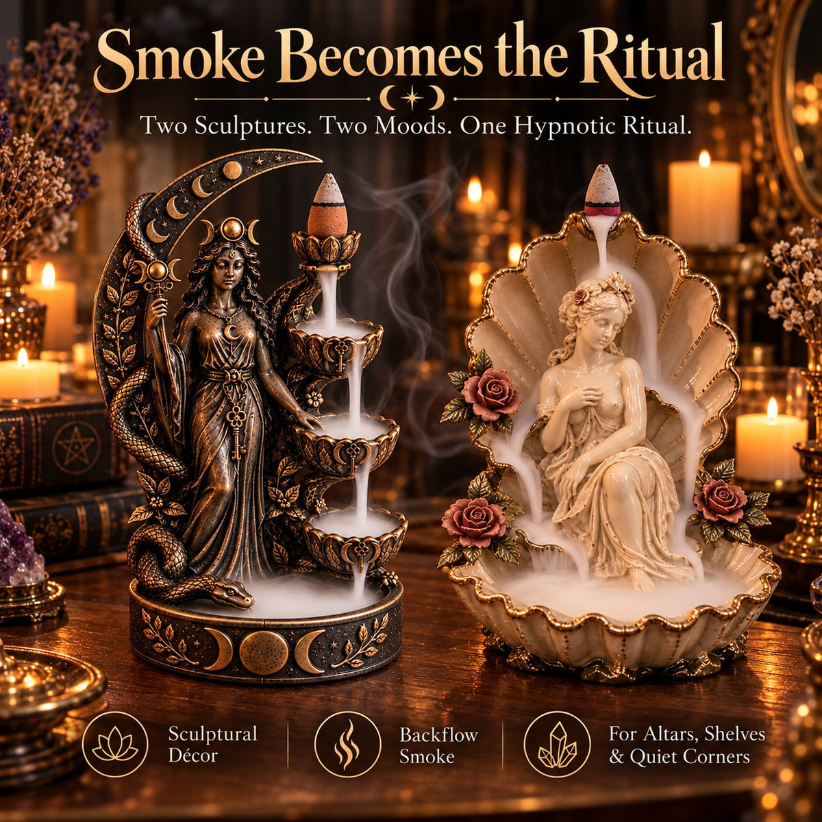 🔮 Hecate’s Key & Aphrodite’s Veil Backflow Incense Holders – Sculptural Smoke Waterfall Décor