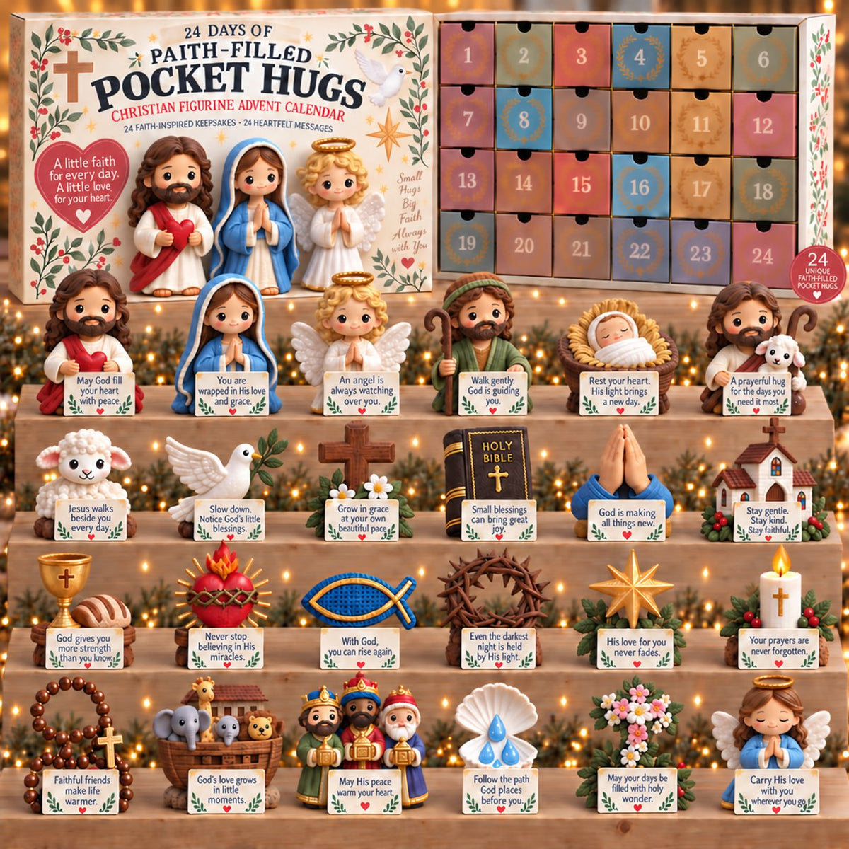 ✝️ 24 Days of Faith-Filled Pocket Hugs™ Advent Calendar | 24 Unique Hand-Painted Christian Keepsakes with Matching Encouragement Cards & No Repeated Designs 🎁
