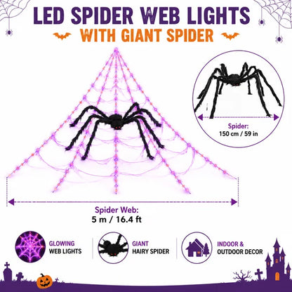 Halloween LED Spider Web Lights & Giant Black Spider Decor | 250 LEDs, 8 Modes, Remote Control