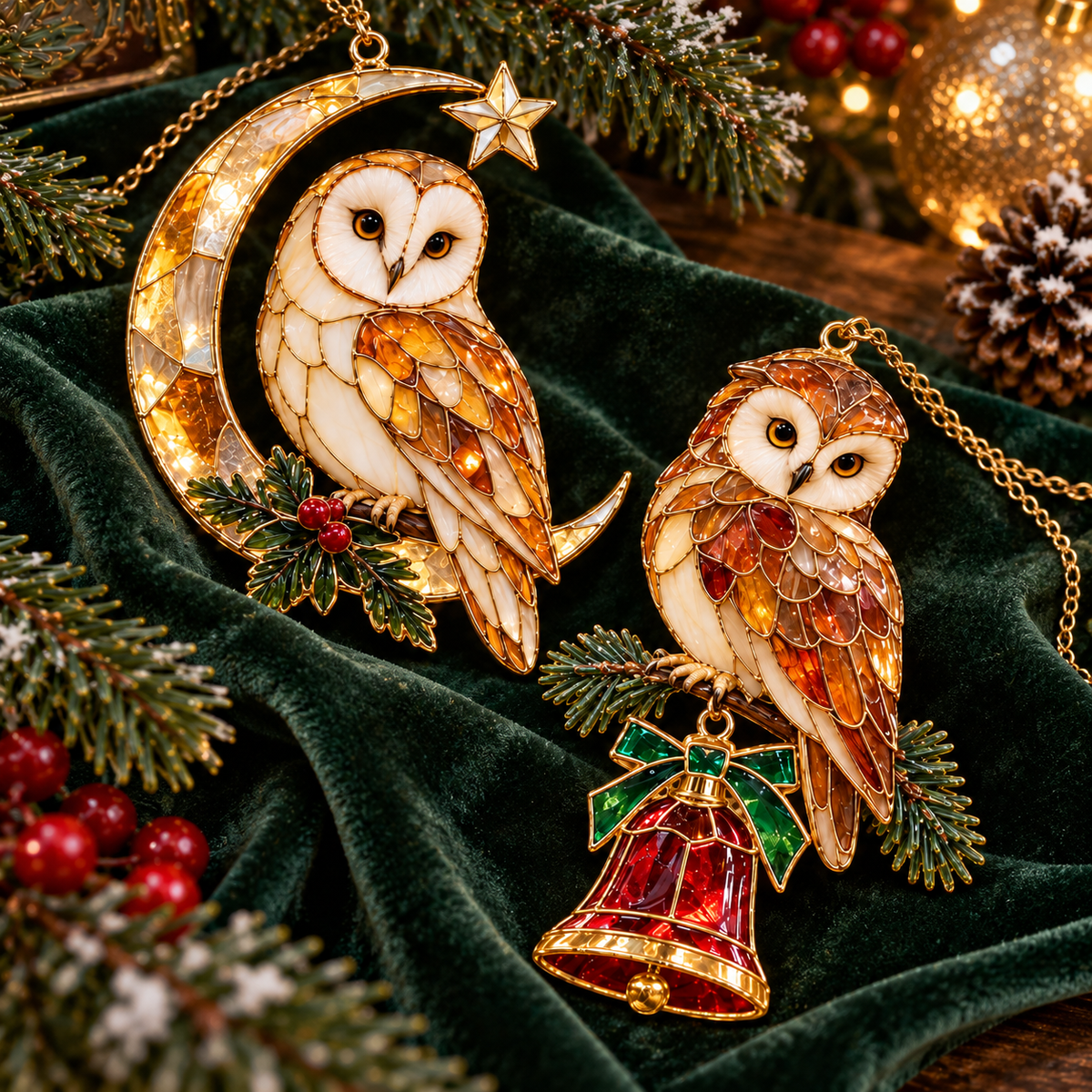 Stained-glass-style owl Christmas ornament showcase