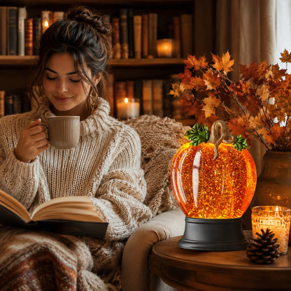 Orange Fall Pumpkin Lighted Glitter Swirl Water Globe
