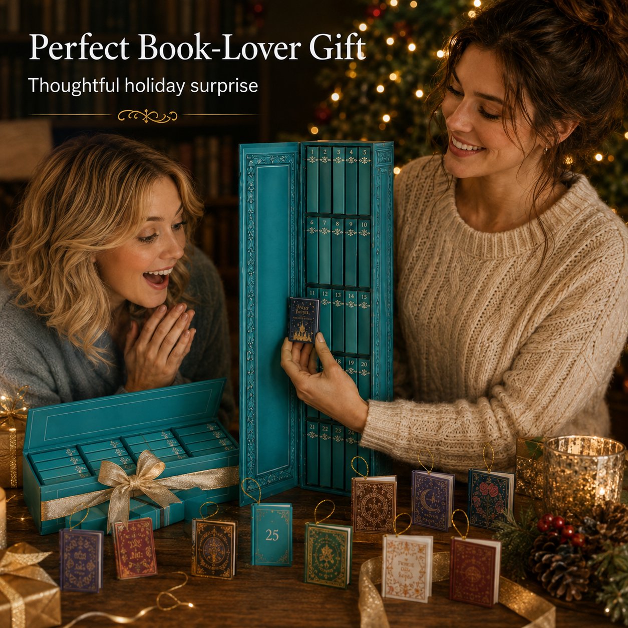 Tiny Bookery Advent Calendar, 25‑Day Mini Book Ornaments | Christmas Countdown Gift for Book Lovers