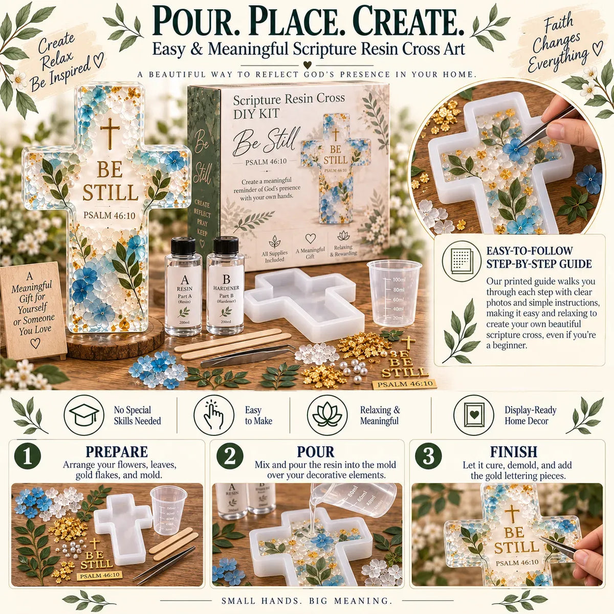 ✝️ Beginner-Friendly Be Still Scripture Resin Cross DIY Kit | Complete Kit with Cross Mold, Two-Part Resin, Florals, Gold Accents, Tools & Step-by-Step Guide Included 💕