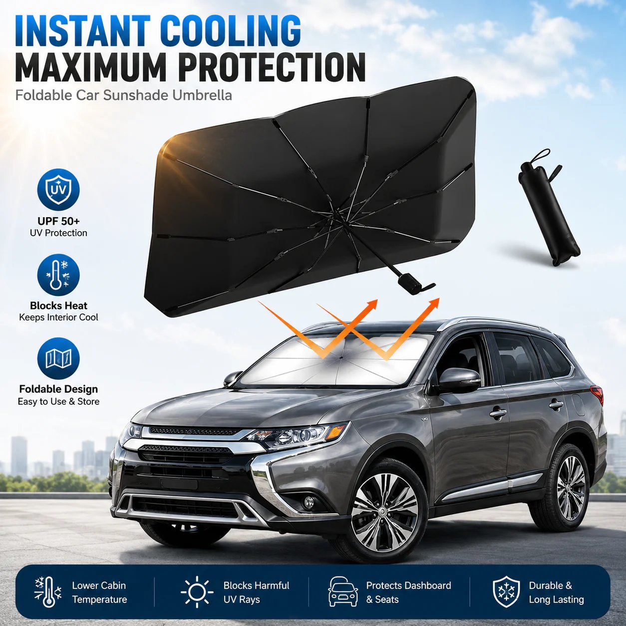 ☀️Car Sunshade – Effective Heat Insulation, UV Block & Easy Foldable Auto Windshield Protector