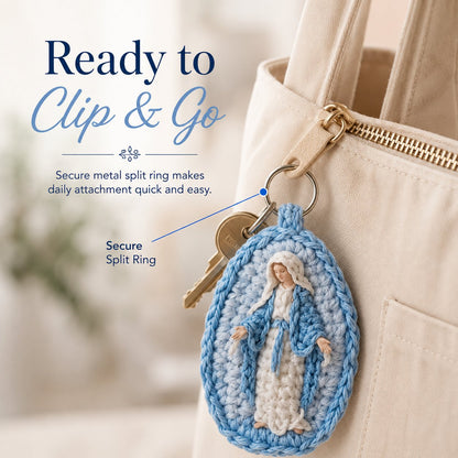 🙏 Handmade Marian Crochet Keychain Keepsake | Soft Blue-and-White Yarn, Raised Oval Crochet Frame & Metal Split Ring 💙✨