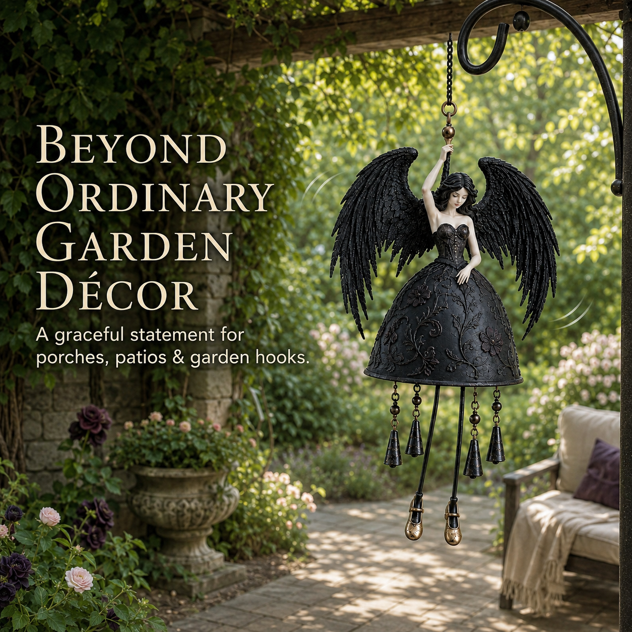 🖤 Dark Angel Gothic Wind Chime – Enchanting Outdoor Garden Hanging Decor