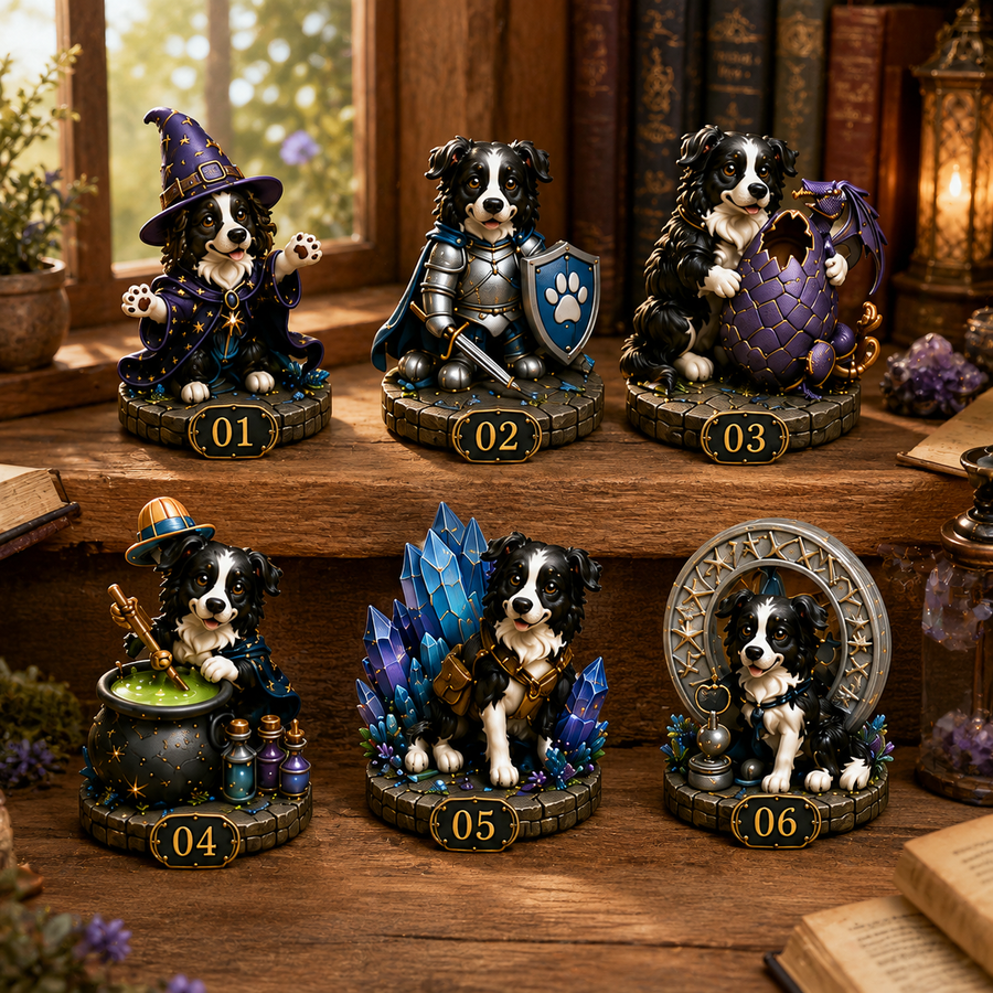Border Collie wizard knight dragon and crystal characters