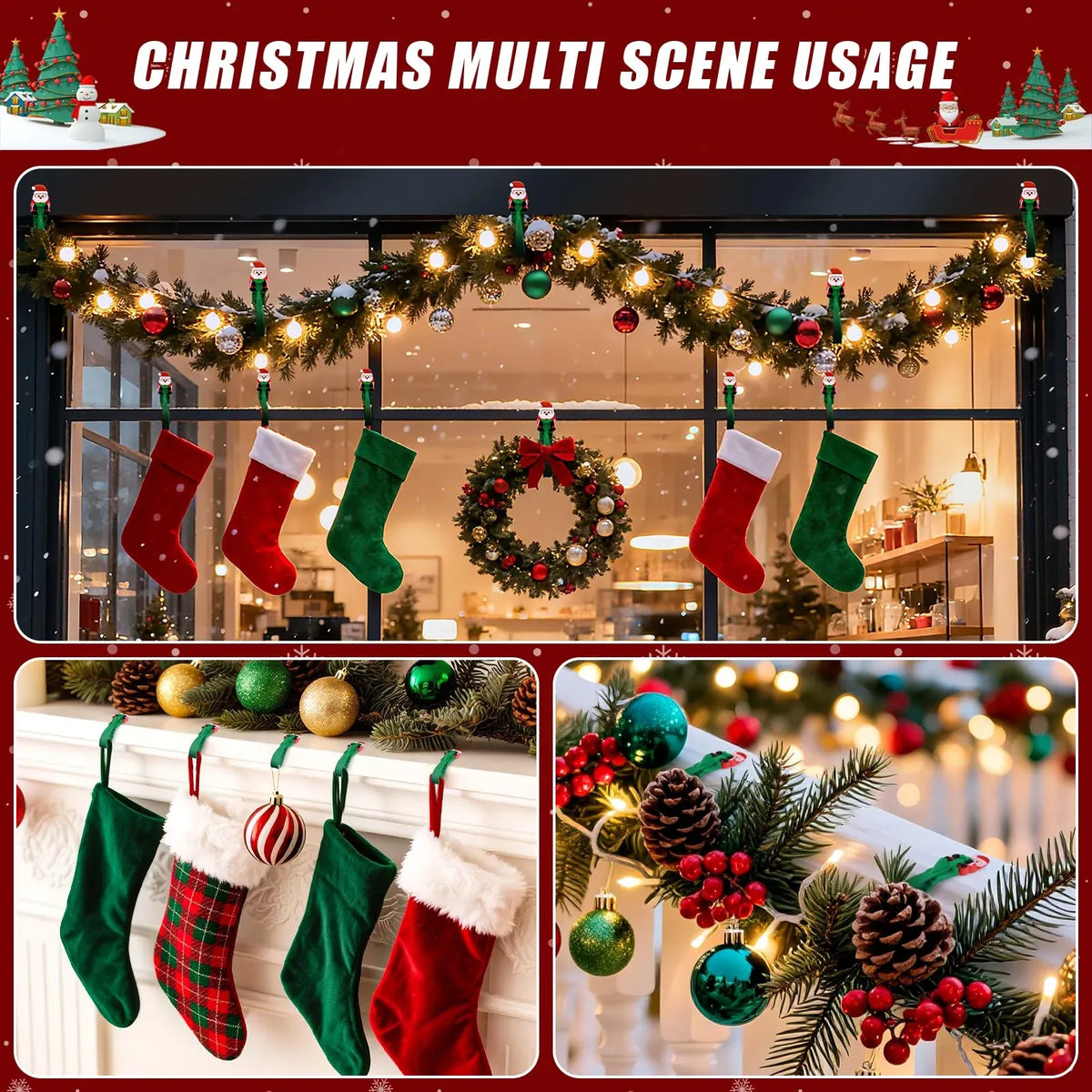 ⏳ Last Day 49% OFF – 🎄No-Drill Christmas Garland Hangers | 12 Santa Adhesive Hooks Holding Up To 5 lbs For Stockings, Wreaths & Holiday Decorations 🎅