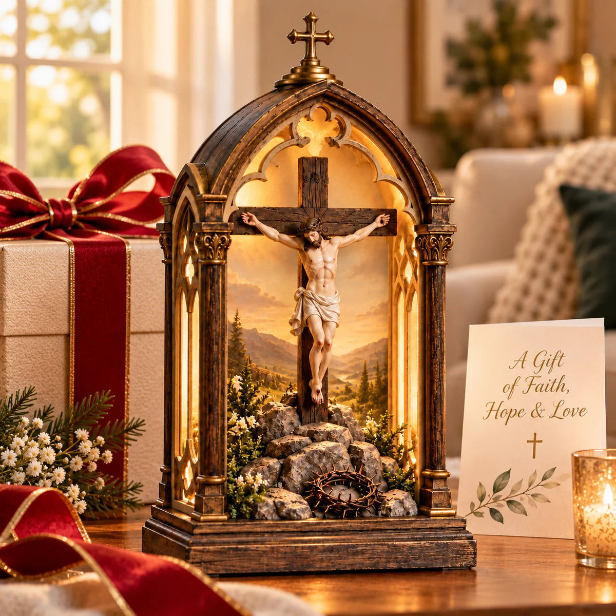 ✝️ Illuminated Calvary Devotional Shrine | Warm Christian Prayer Décor