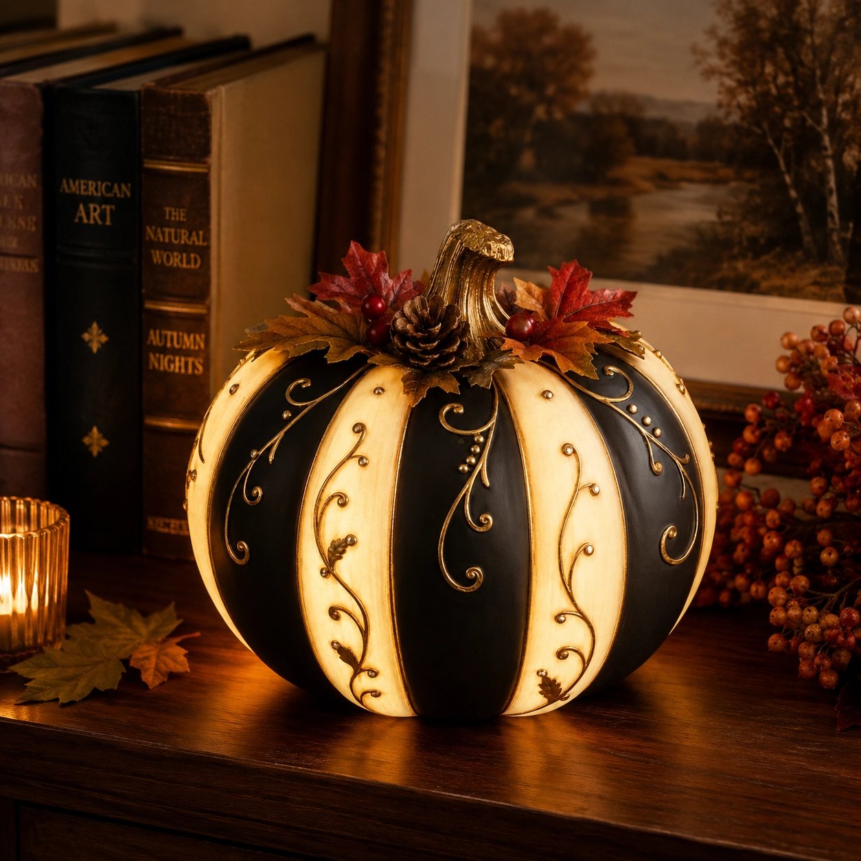 Lighted Black & Ivory Pumpkin Decor with Remote