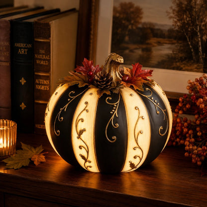 Lighted Black & Ivory Pumpkin Decor with Remote