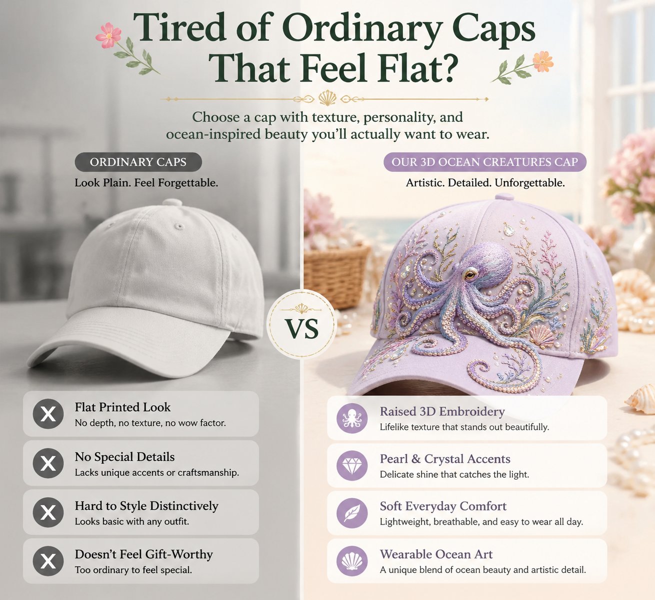 🌊 3D Ocean Creatures Embroidery Cap | Pearl & Crystal Adjustable Hat for Beach, Travel & Everyday Wear
