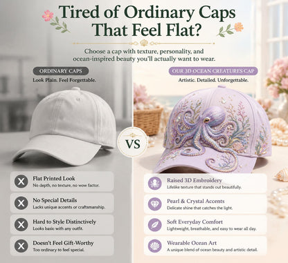 🌊 3D Ocean Creatures Embroidery Cap | Pearl & Crystal Adjustable Hat for Beach, Travel & Everyday Wear