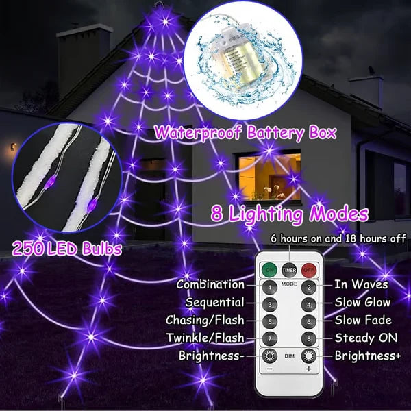Halloween LED Spider Web Lights & Giant Black Spider Decor | 250 LEDs, 8 Modes, Remote Control