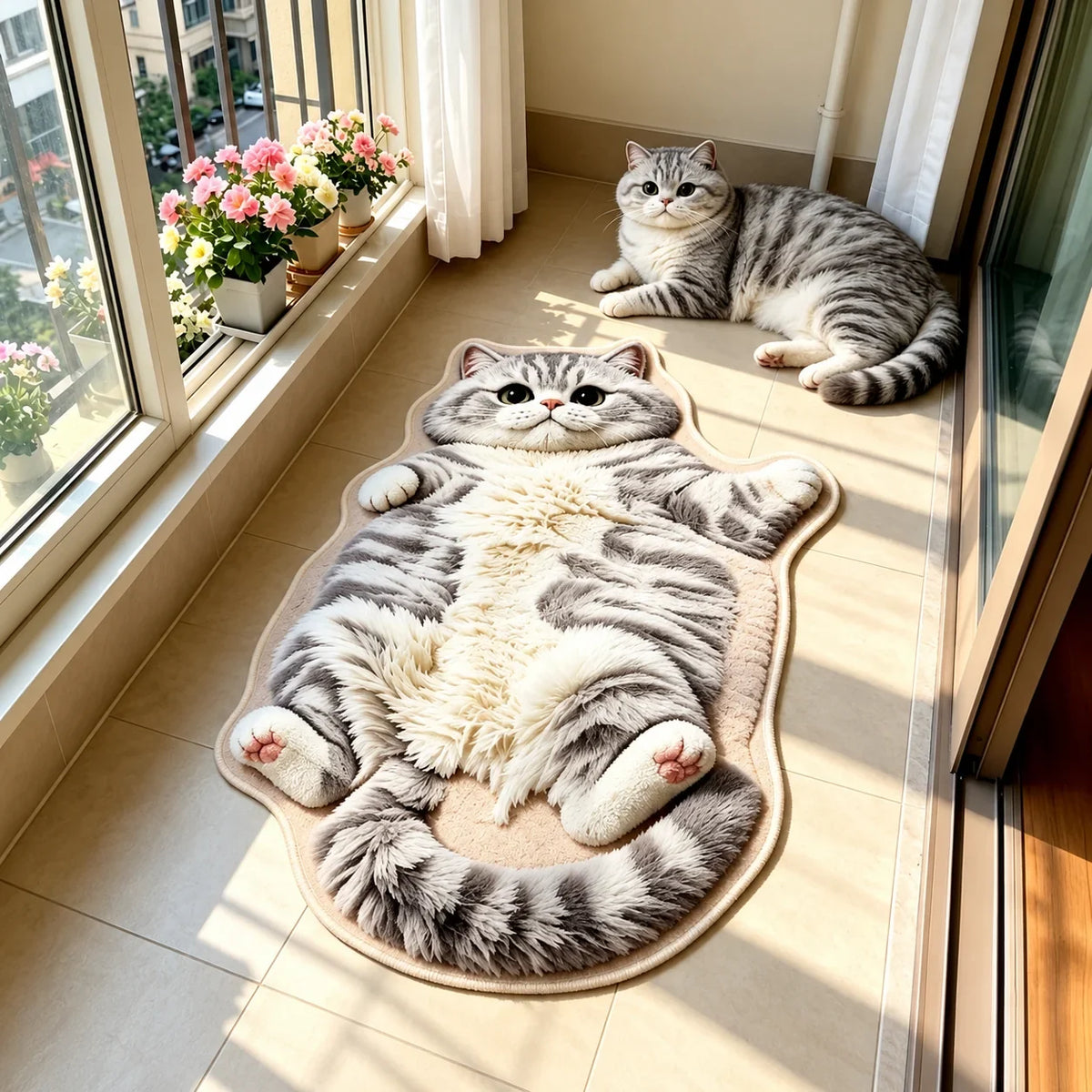 🐱 3D Chubby Tabby Cat Shaped Long Rug – Cozy Furry-Effect Home Décor