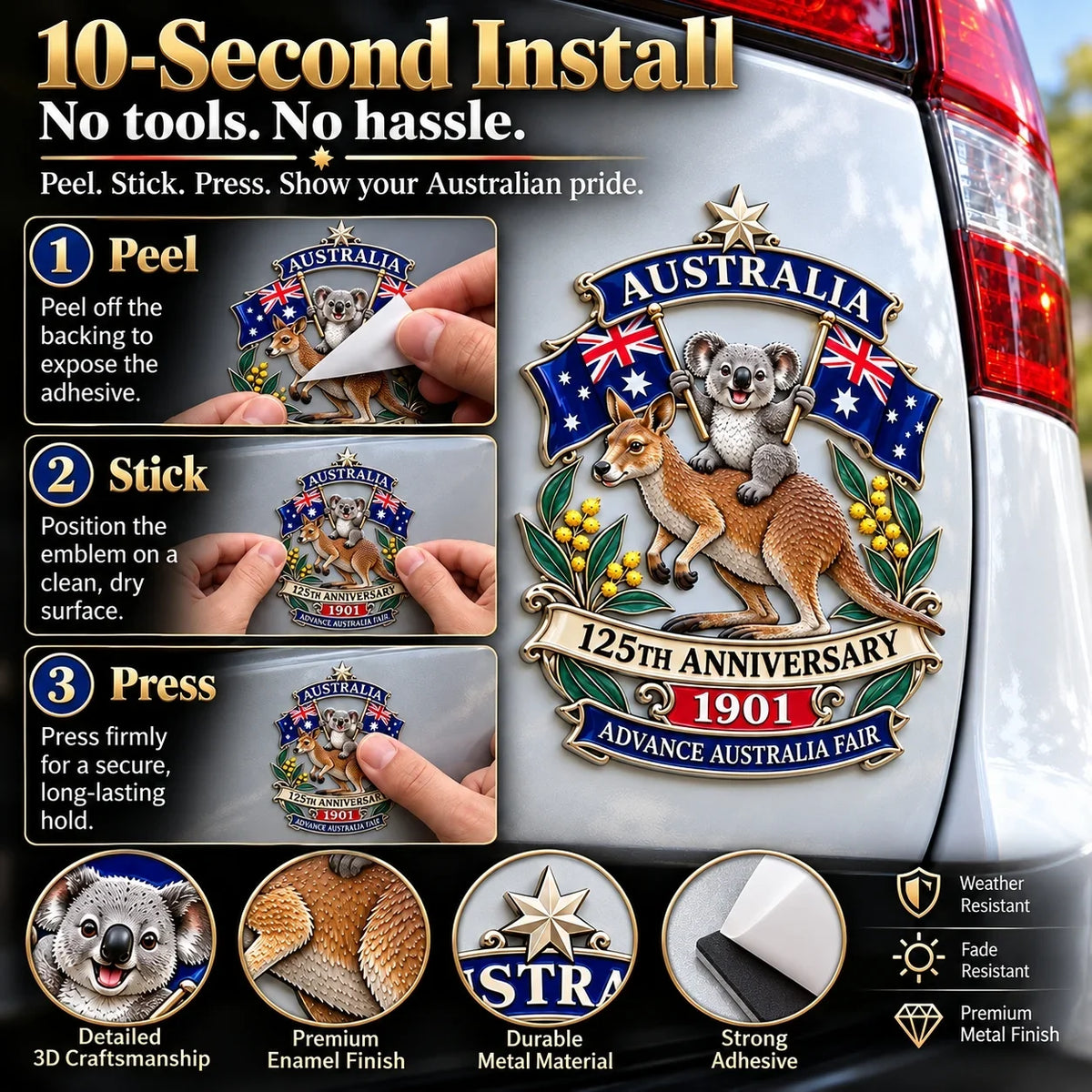 ⏳ Last Day 49% OFF – 🇦🇺 Australia 125th Anniversary 3D Metal Badge | 🖤 Waterproof • No Fade • No Rust • Adhesive & Magnetic 2-in-1 🚗