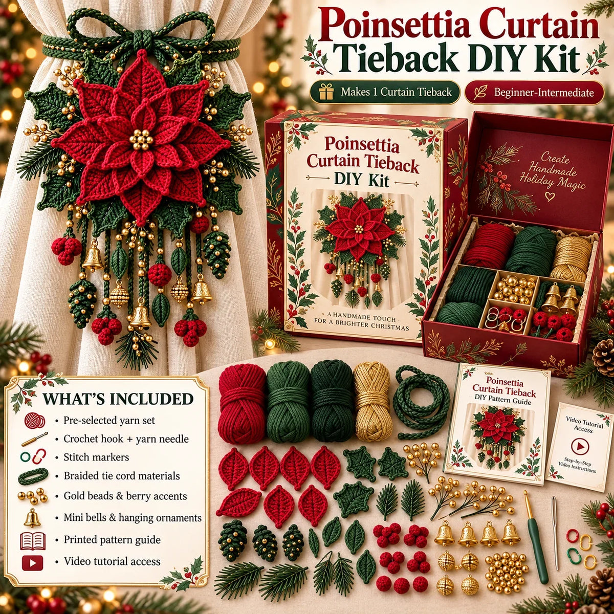 ⏳ Last Day 49% OFF – 🎄 Christmas Crochet Curtain Tieback DIY Kit | Beginner-Friendly Options, 8 Festive Designs 🧶