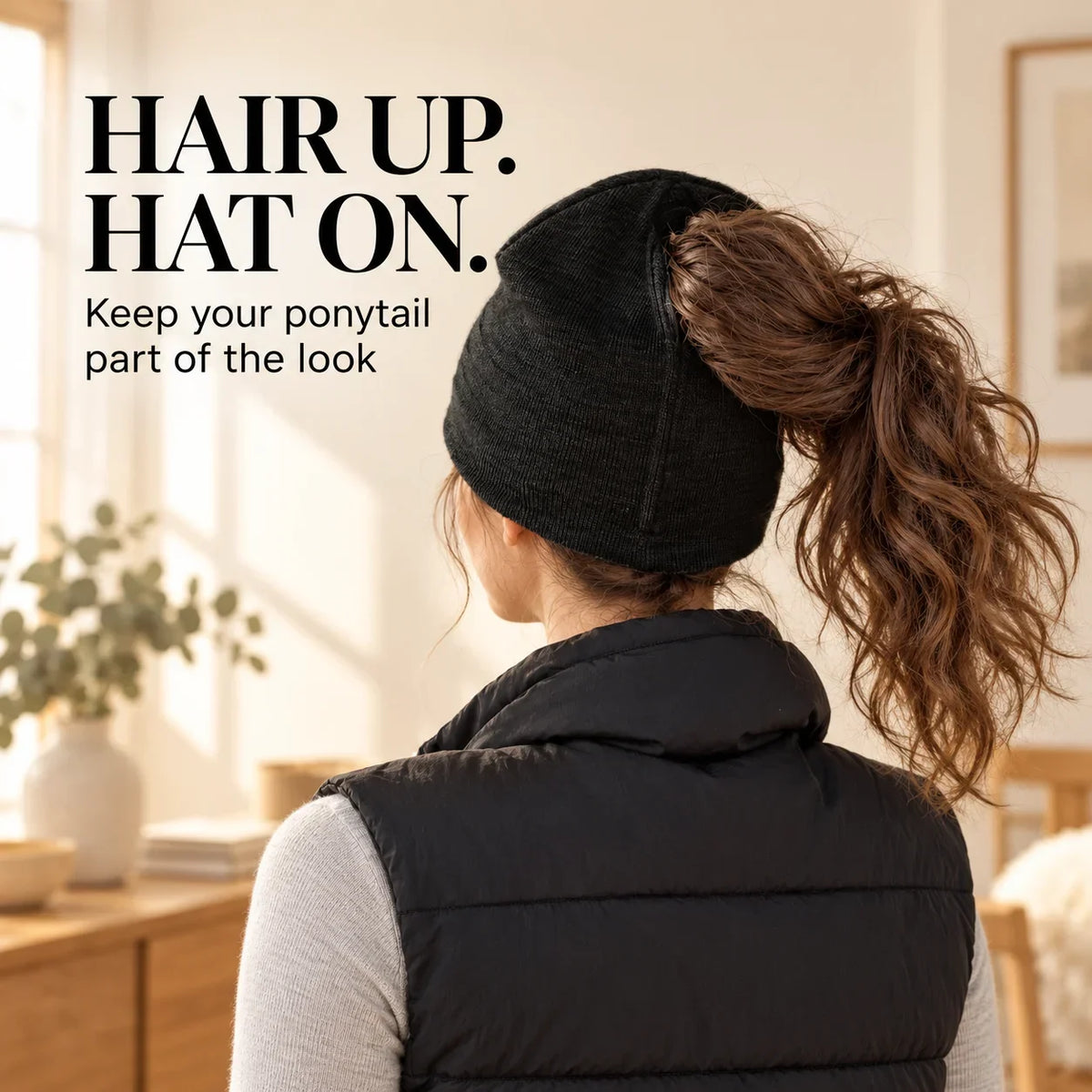 🧲🧶 Women's Magnetic Ponytail Beanie – 100% Acrylic Knit Winter Hat with Magnetic Hair Opening for Ponytails, Buns & Braids