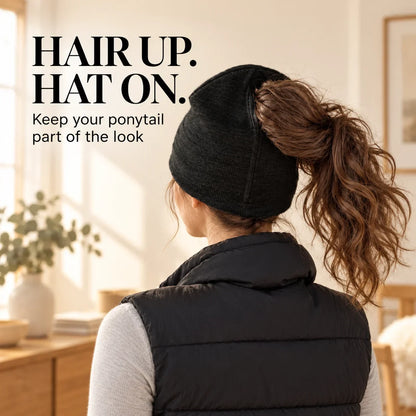 🧲🧶 Women's Magnetic Ponytail Beanie – 100% Acrylic Knit Winter Hat with Magnetic Hair Opening for Ponytails, Buns & Braids