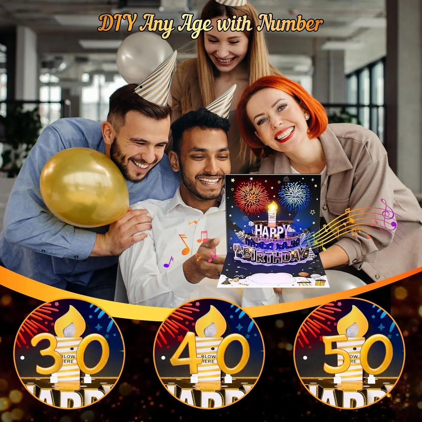 3D Birthday Pop-Up Card with Music, Firework Lights & Custom Age