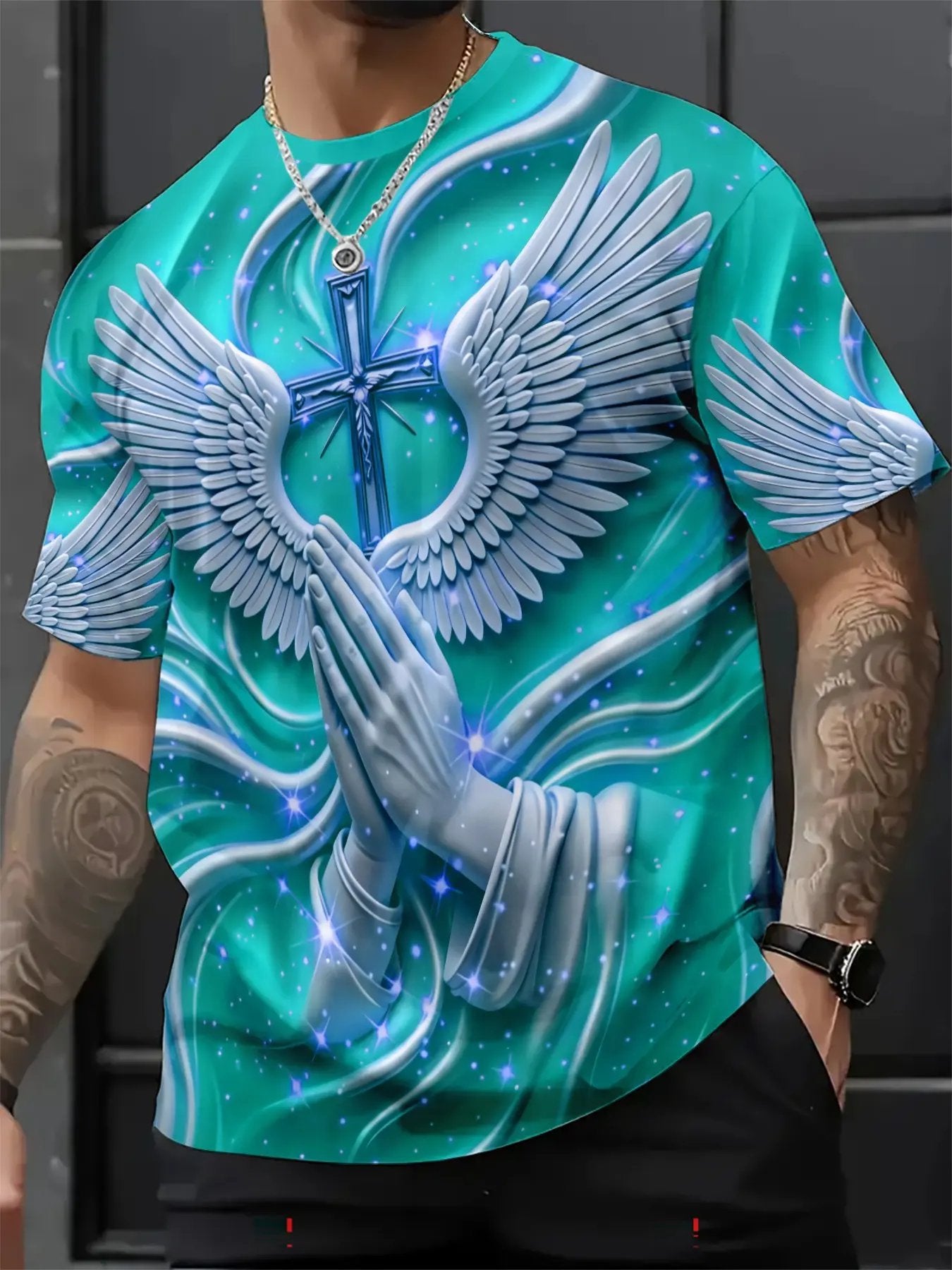 New Religious Prayer Hand Angel Wings Cross Print Men's Round Neck 3D High-Definition Short Sleeve