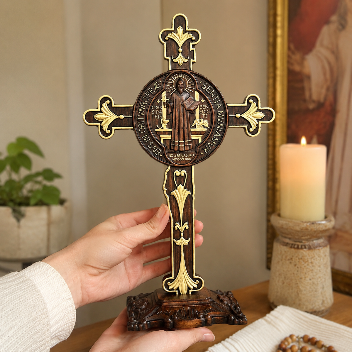 Hand-Carved Beechwood Saint Benedict Crucifix – Double-Sided Christian Standing Cross