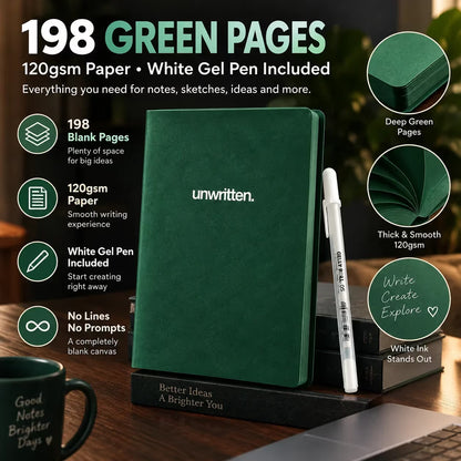 💚 Deep Green Blank Notebook with White Gel Pen | Aesthetic Writing & Sketch Journal