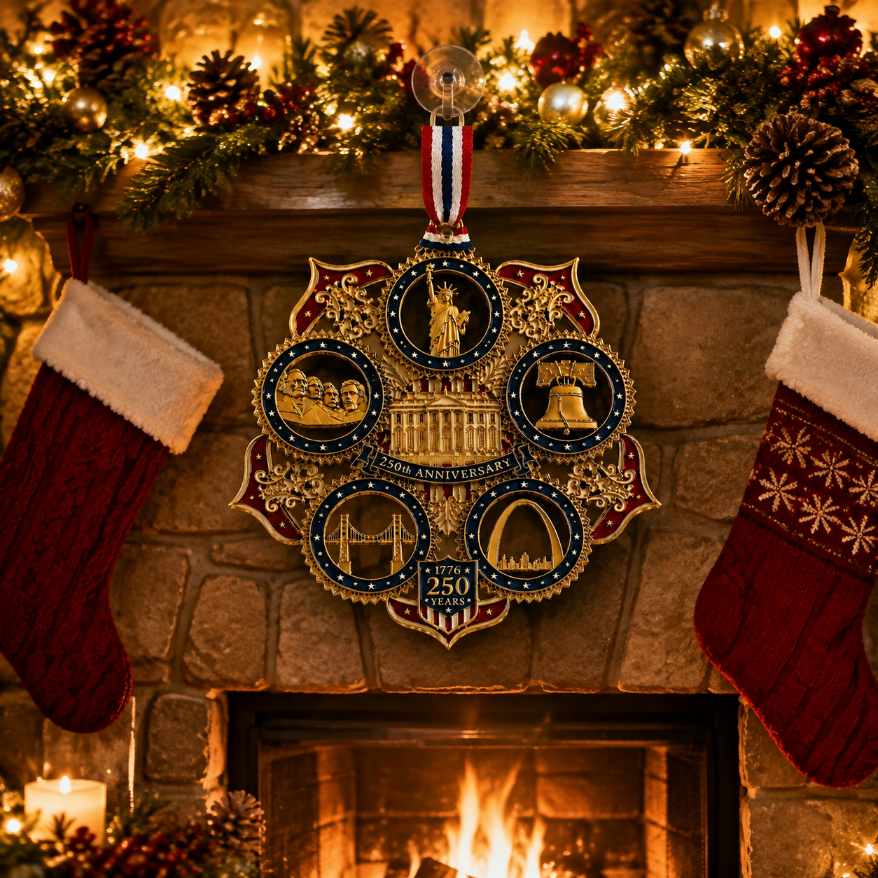 close up American landmarks on 250th anniversary ornament
